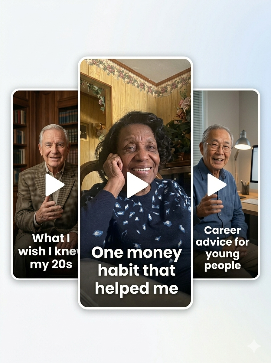 Three TikTok-style screens featuring seniors sharing life lessons